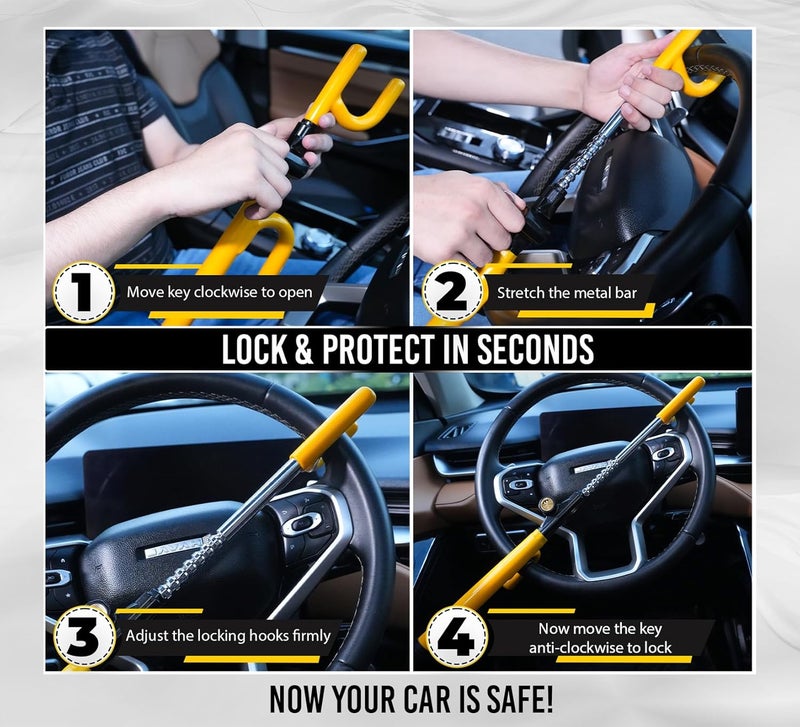 BRAMMH Ultra Secure Car Steering Wheel Lock, No Scratch Dual Locking Hooks, Anti Theft Car Device Wheel Locks for Cars with Adjustable Size, Strong Metal Bars, Anti-Pick Car Lock (Y Shape) - Image 4